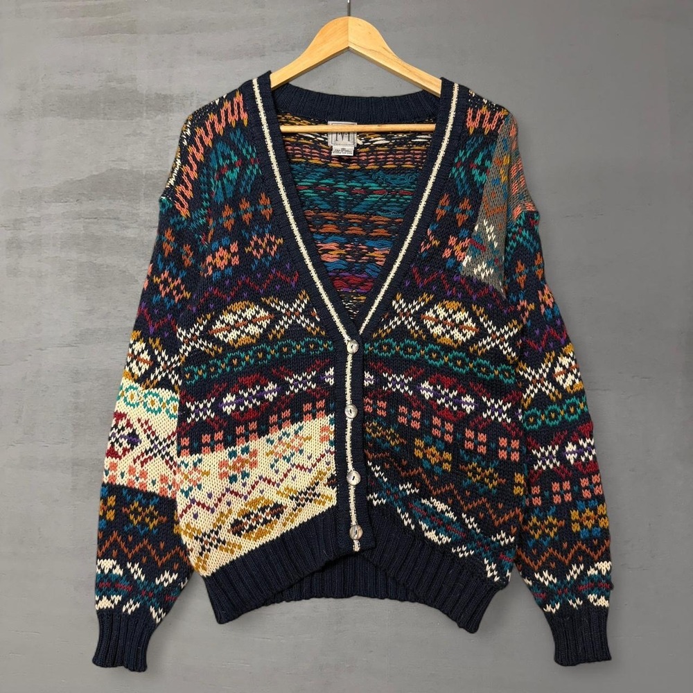 Vintage Cardigan Sweater Multi-Color Fair‎ Isle Geometric Knit V-Neck Size Small
